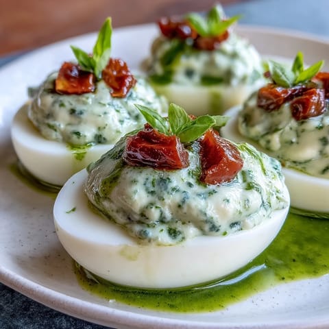 Creamy Caprese deviled eggs topped with fresh basil oil, diced tomatoes, and mozzarella for a vibrant Italian appetizer.