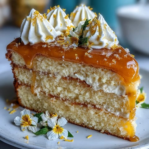 A stunning Mother's Day lemon curd layer cake with vibrant edible flowers and smooth whipped cream frosting.  