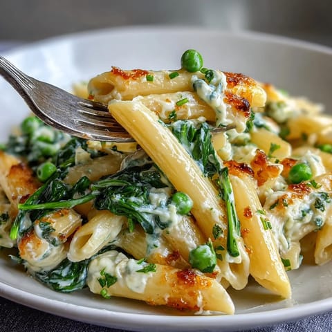 A creamy one-pot pasta with lemon ricotta, peas, and spinach, perfect for a quick vegetarian dinner.  