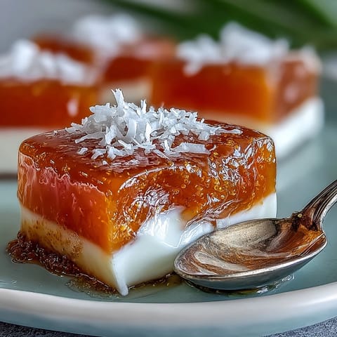 Silky mango agar-agar jelly cubes with creamy coconut milk, a vibrant vegan dessert for warm days.  