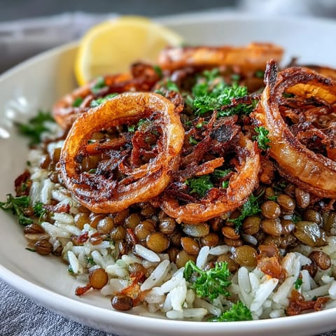 Levantine Mujadara with fluffy rice, earthy lentils, and a generous pile of golden crispy onions.