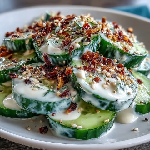 Viral cucumber salad with cream cheese, topped with everything bagel seasoning.