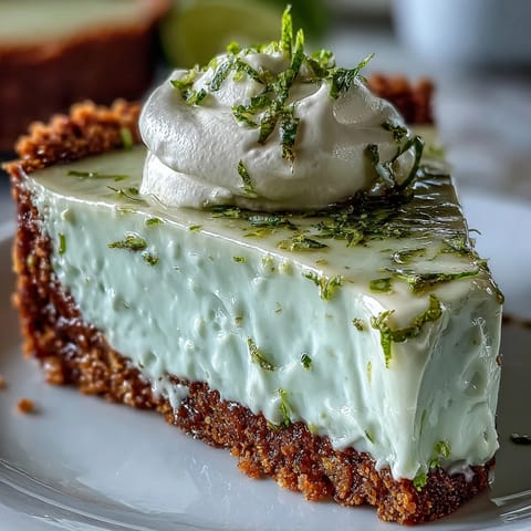 Creamy no-bake key lime pie on a crisp graham cracker crust, topped with whipped cream.