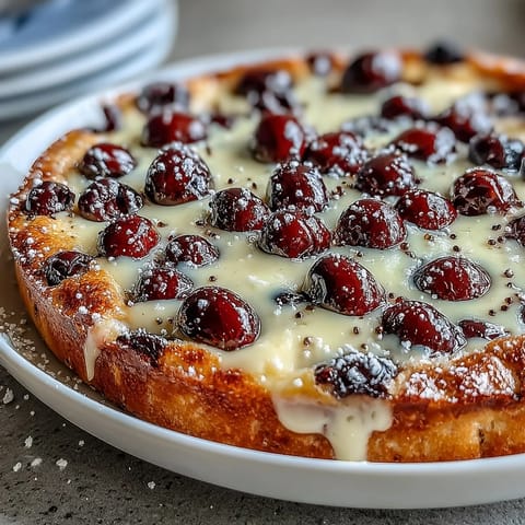 Rich vanilla bean clafoutis recipe showcases tender cherries baked until golden brown.