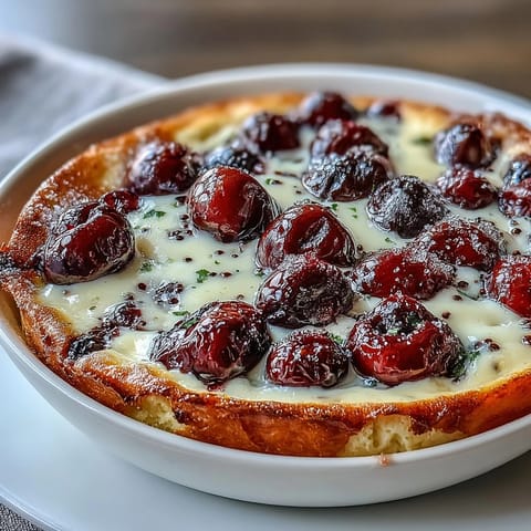 Golden fresh cherry clafoutis bursts with sweet summer fruit and vanilla custard.