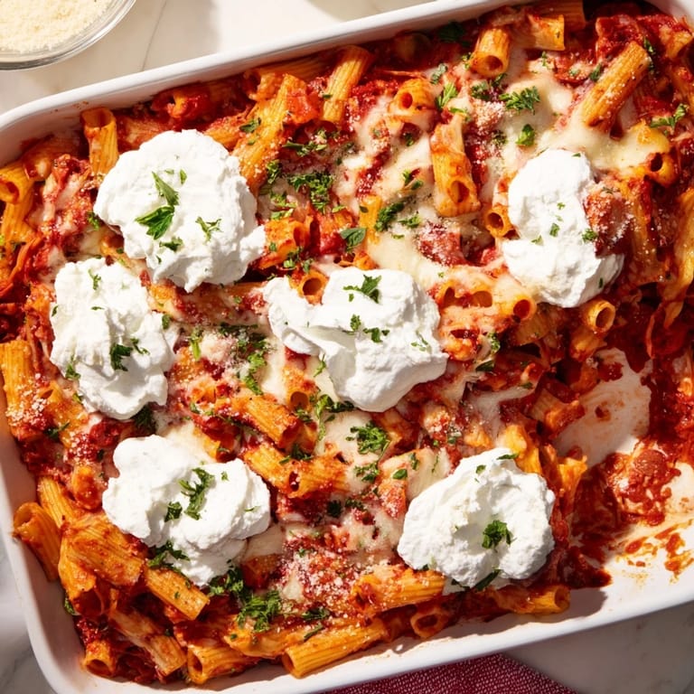 Fork-ready Baked Ziti with creamy ricotta layers and fresh parsley garnish, served hot in a ceramic baking dish.