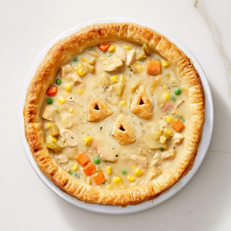 Comforting homemade Chicken Pot Pie rests on a rustic wooden table, ready to be served for a hearty family dinner.