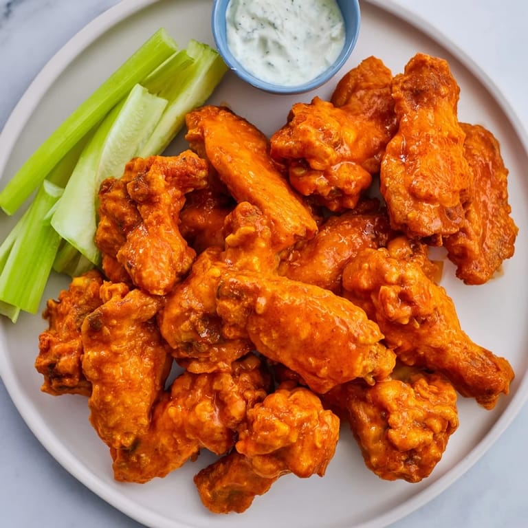 Hot, saucy Buffalo Wings stacked high beside crisp celery and blue cheese dip, perfect for game day snacking.
