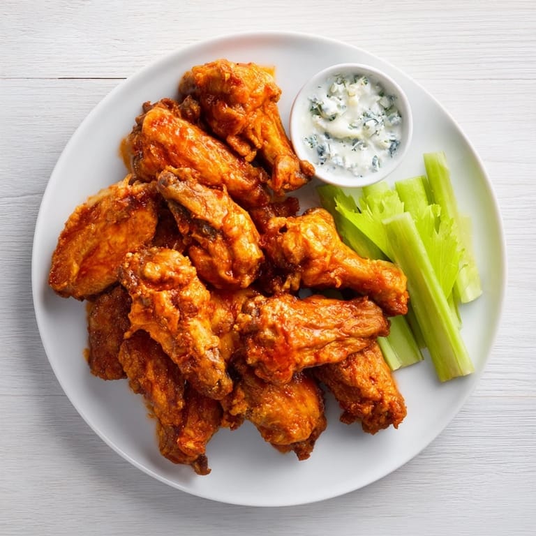 Freshly fried Buffalo Wings glistening in spicy Buffalo sauce, paired with crunchy celery sticks and rich blue cheese dip.