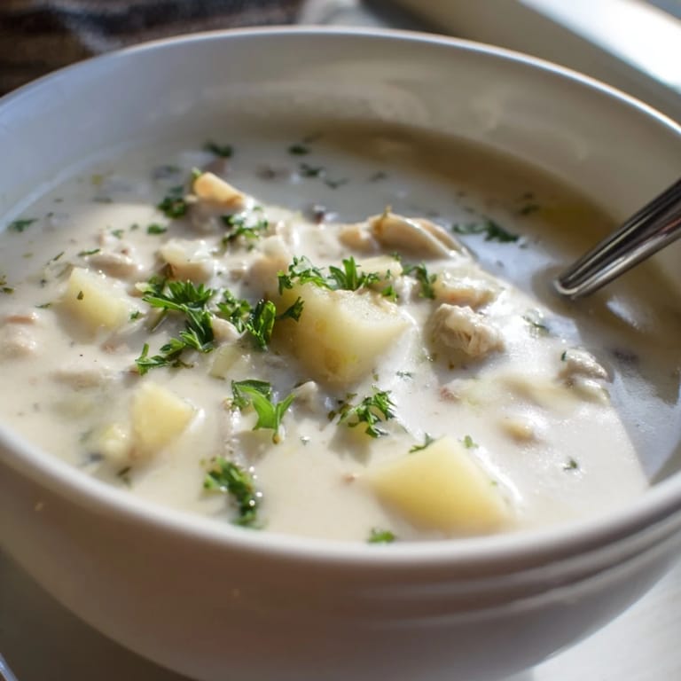 Steaming pot of New England Clam Chowder with diced potatoes, celery, onions, and tender clams simmering in rich broth.