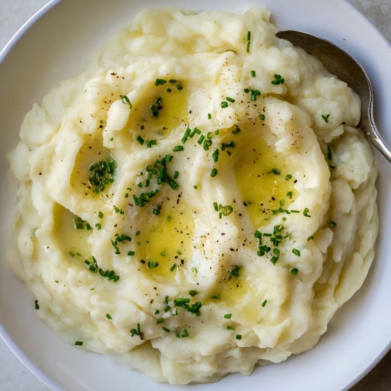 Creamy Mashed Potatoes in a white bowl, garnished with parsley, alongside roasted chicken and green beans for dinner.