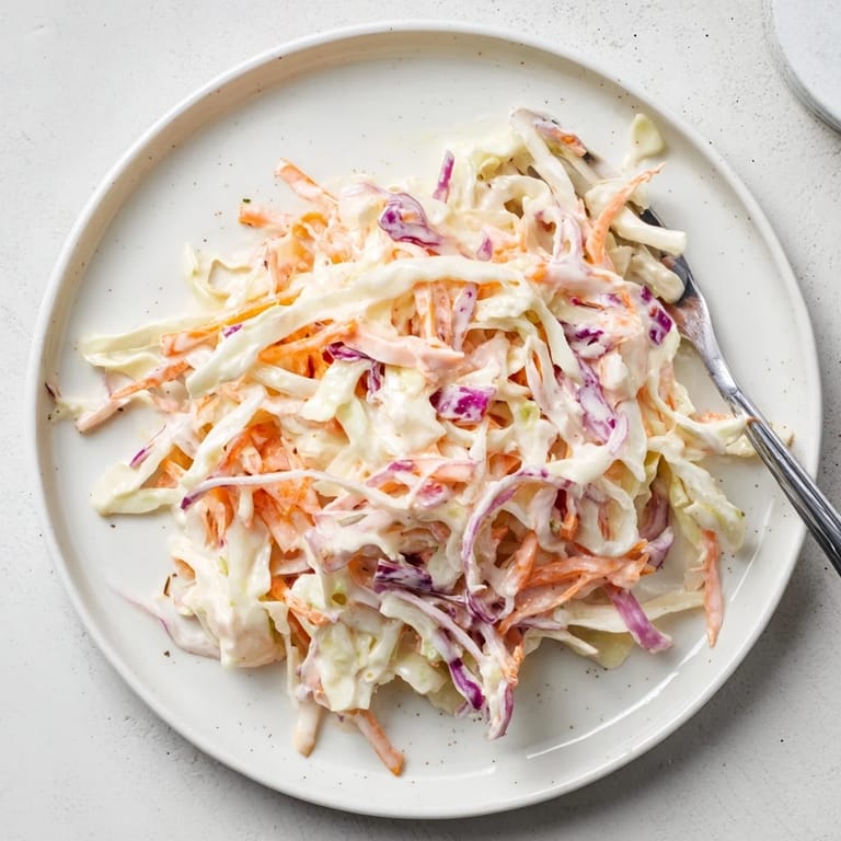 Fine shreds of green cabbage, carrot, and red onion tossed in tangy Coleslaw for a picnic.