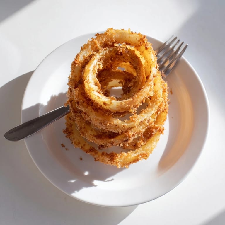 Steaming, deep-fried onion rings stacked on a plate with ranch dipping sauce for a tasty appetizer.
