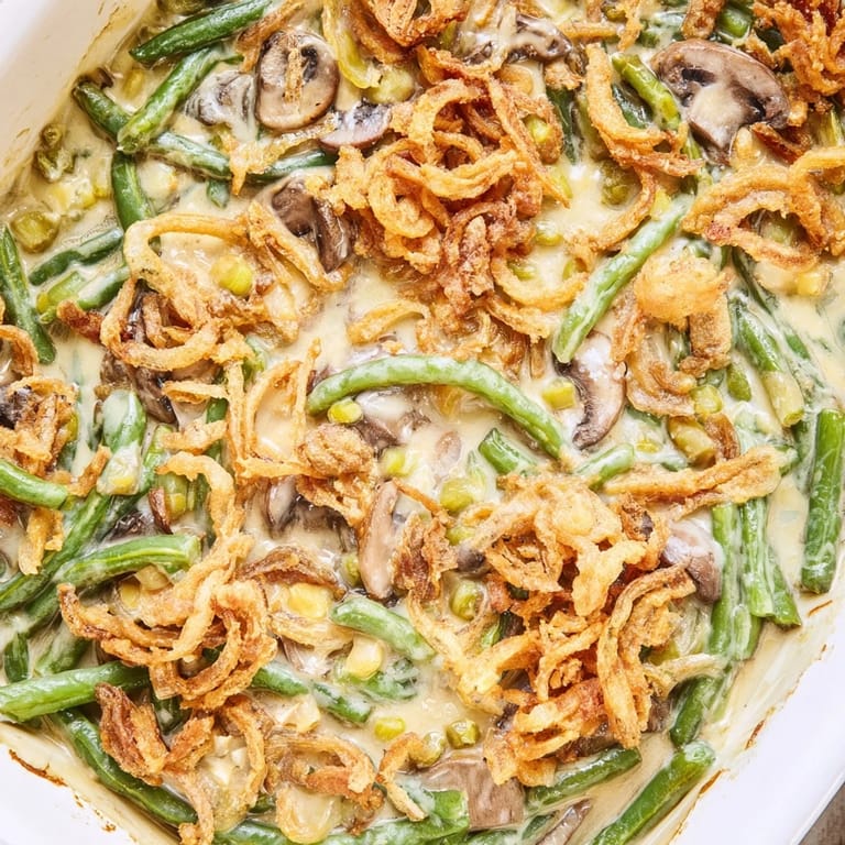 Classic homemade green bean casserole featuring creamy sauce, sautéed mushrooms, and crispy fried onions, perfect for a holiday dinner.