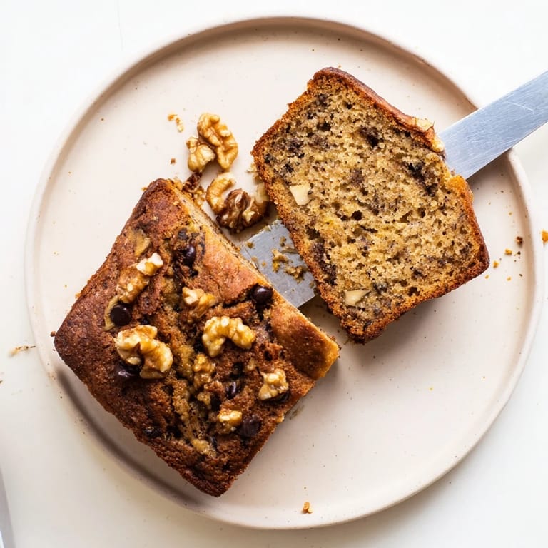 Overhead view of warm banana bread loaf studded with chopped walnuts and melty chocolate chips on a rustic wood table.