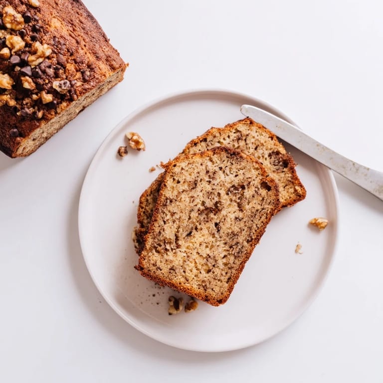 Thick slice of homemade banana bread served toasted with butter on a plate beside a steaming mug of coffee.