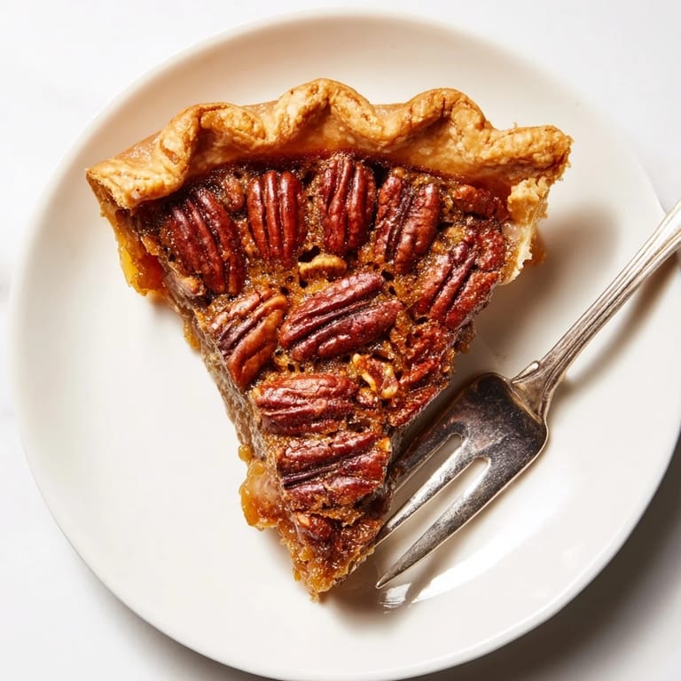 Close-up view of a rich Southern pecan pie with glossy caramelized pecans ready to be served for dessert.