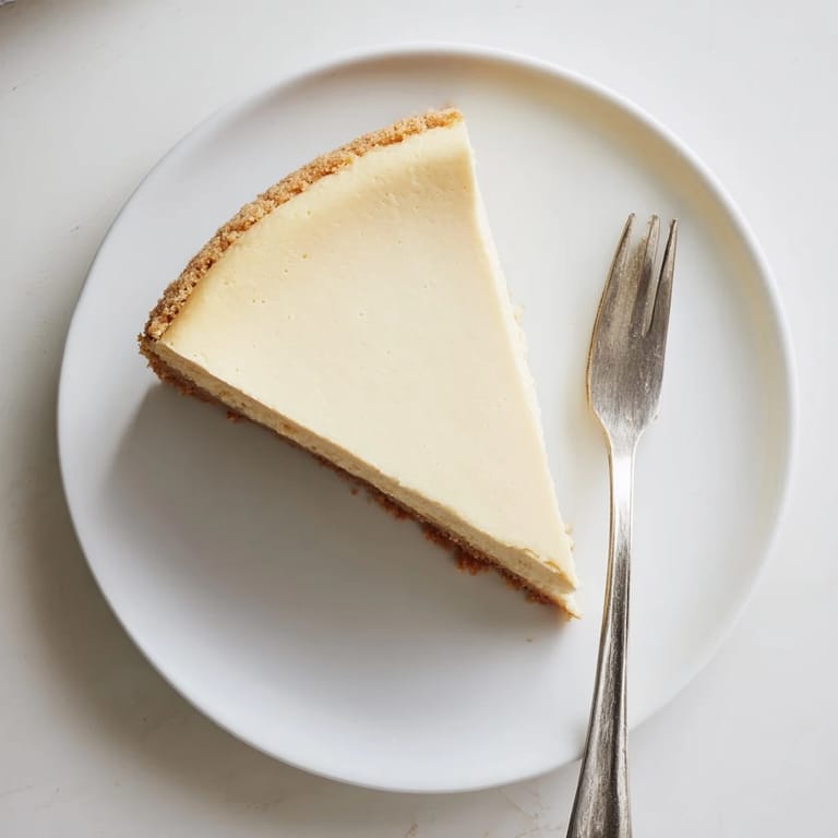 A whole New York Cheesecake with golden graham cracker crust sits on a marble counter.