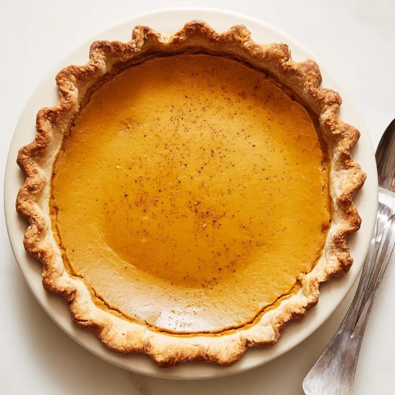 Close-up of Pumpkin Pie showing the rich, smooth pumpkin filling and crimped crust edges on a fall-themed background.