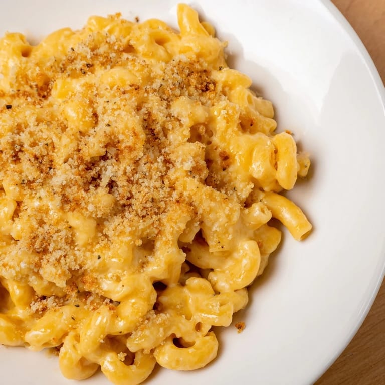 Spoon lifting a cheesy serving of macaroni and cheese from a baking dish, revealing a velvety sauce and crunchy top.