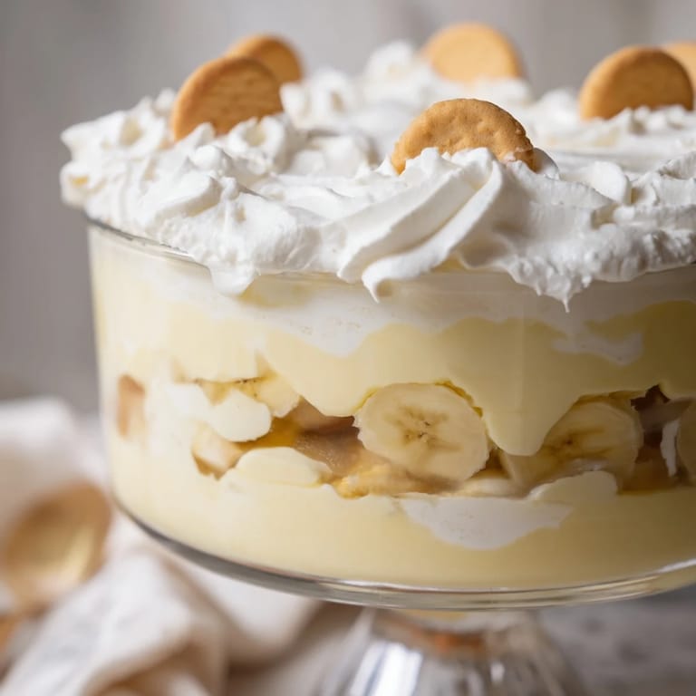 A classic Southern Banana Pudding dessert in a trifle bowl, ready to serve chilled.