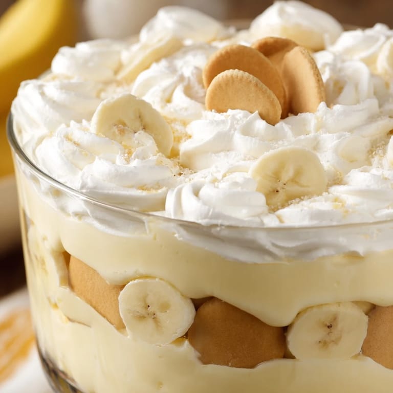 Overhead view of layered Banana Pudding with cookies, ripe bananas, and a fluffy cream topping.