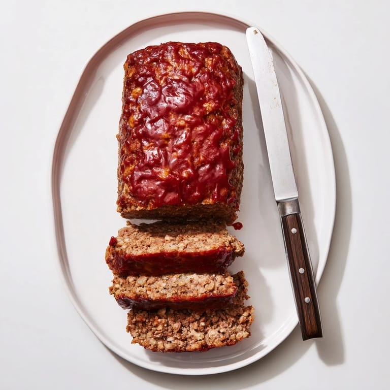 Freshly baked meatloaf resting on a wooden cutting board, steam rising from the juicy, paprika-seasoned beef loaf with a caramelized crust.