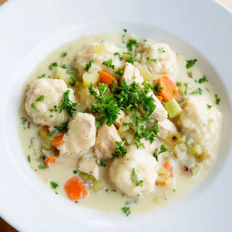 Serving spoon stirring Chicken and Dumplings, rich broth with carrots and tender chicken.