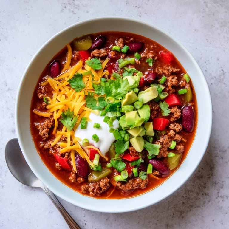 Homemade Chili con Carne simmering in a pot, revealing tender beans and diced peppers in a thick, aromatic tomato sauce.