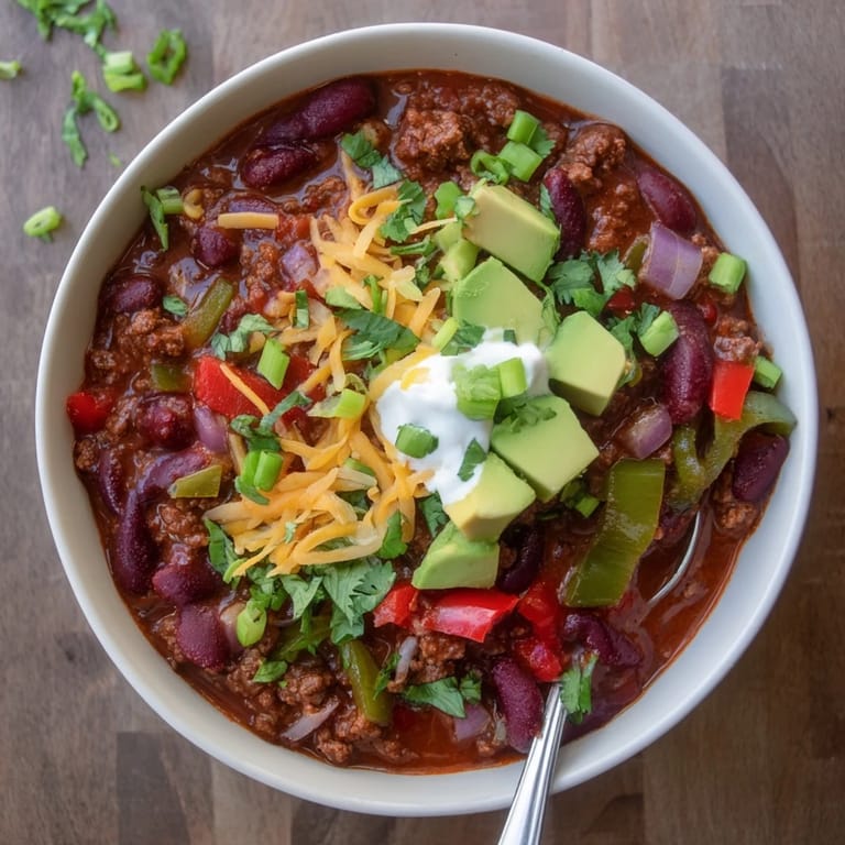 Comforting bowl of Chili con Carne served warm with fresh cilantro, sliced green onions, and a side of cornbread.