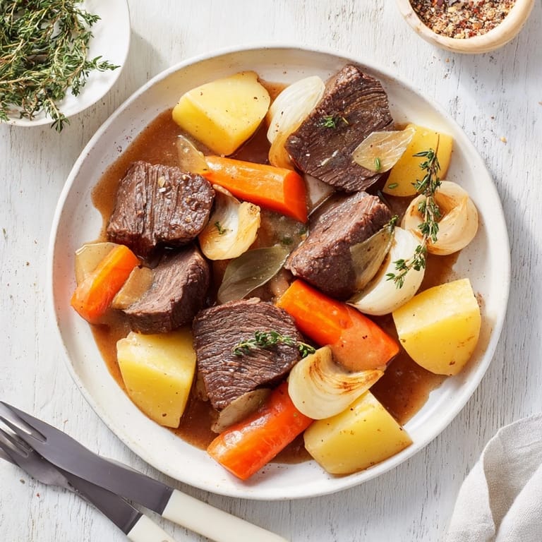 Slow-cooked Beef Pot Roast falling apart in a Dutch oven, surrounded by hearty vegetables and aromatic herbs for a cozy dinner.