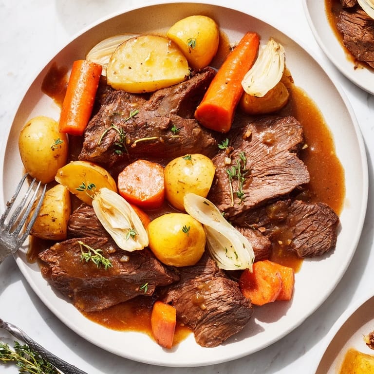 Sliced Beef Pot Roast on a platter, garnished with fresh thyme, with mashed potatoes and roasted carrots on the side.