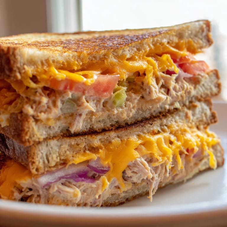 Hot Spicy Tuna Melt sliced in half, steam rising from the gooey cheese and flaky fish tucked inside the toasted bread.