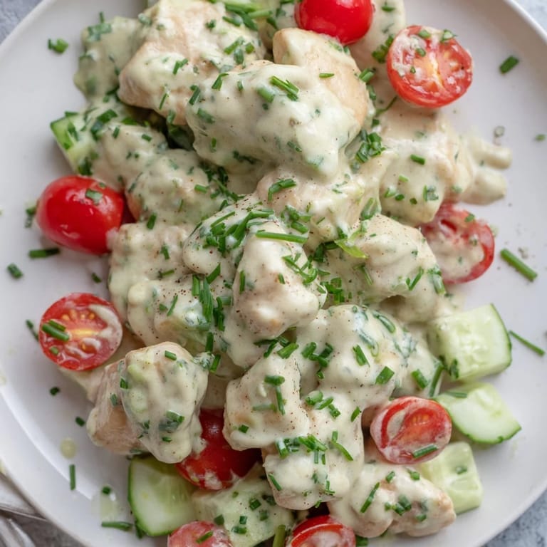 A vibrant avocado ranch chicken salad featuring juicy chicken, diced veggies, and a tangy lime-herb ranch dressing.  
