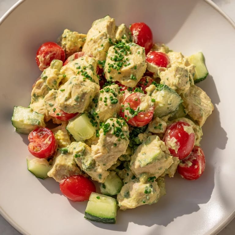 Delicious avocado ranch chicken salad in a white bowl, perfect for a light lunch or easy weeknight dinner.