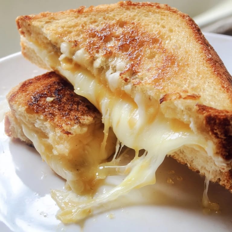 Golden-brown Three-Cheese Grilled Cheese sandwich served on a wooden board, ready to dip into creamy tomato soup.