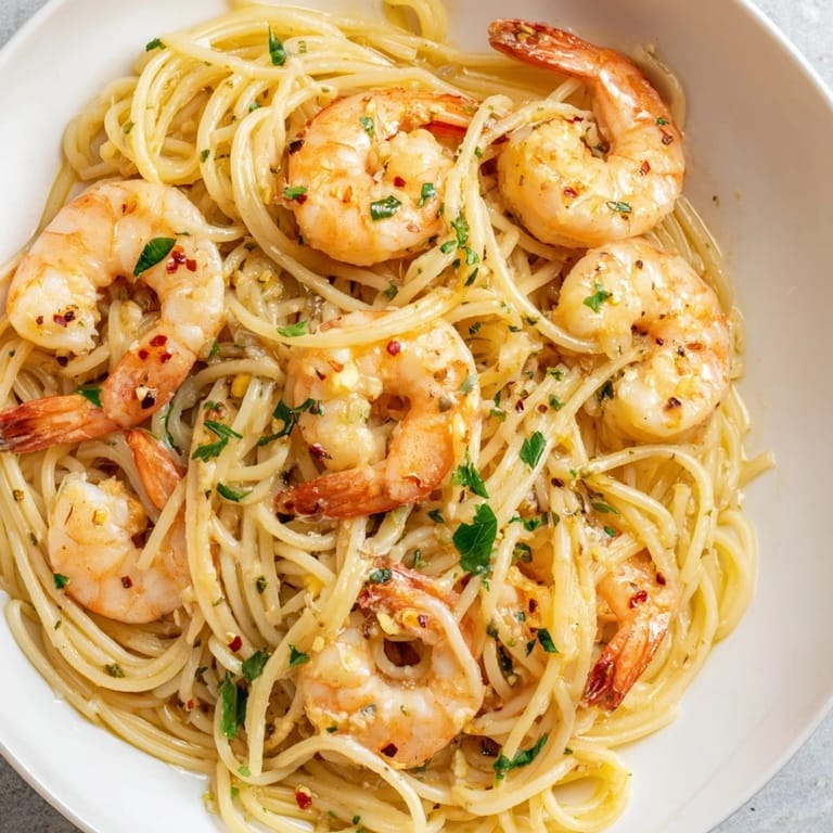Tongs lift a serving of lemon garlic shrimp pasta from a skillet, showcasing the silky butter sauce clinging to each strand for an easy, pescatarian weeknight meal.