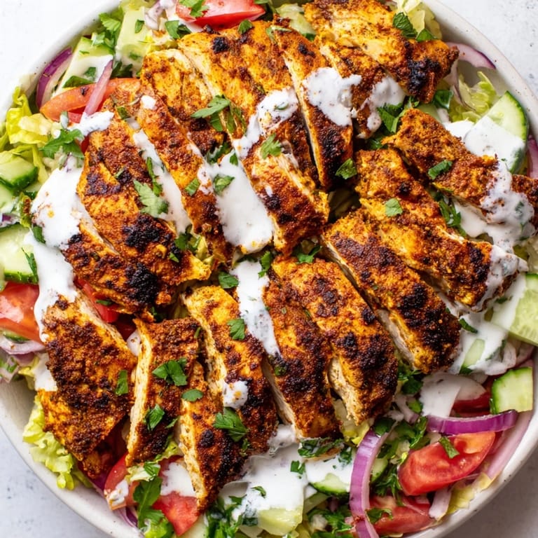 Freshly plated Chicken Shawarma Salad with spiced chicken, diced tomatoes, red onion, and creamy yogurt dressing.