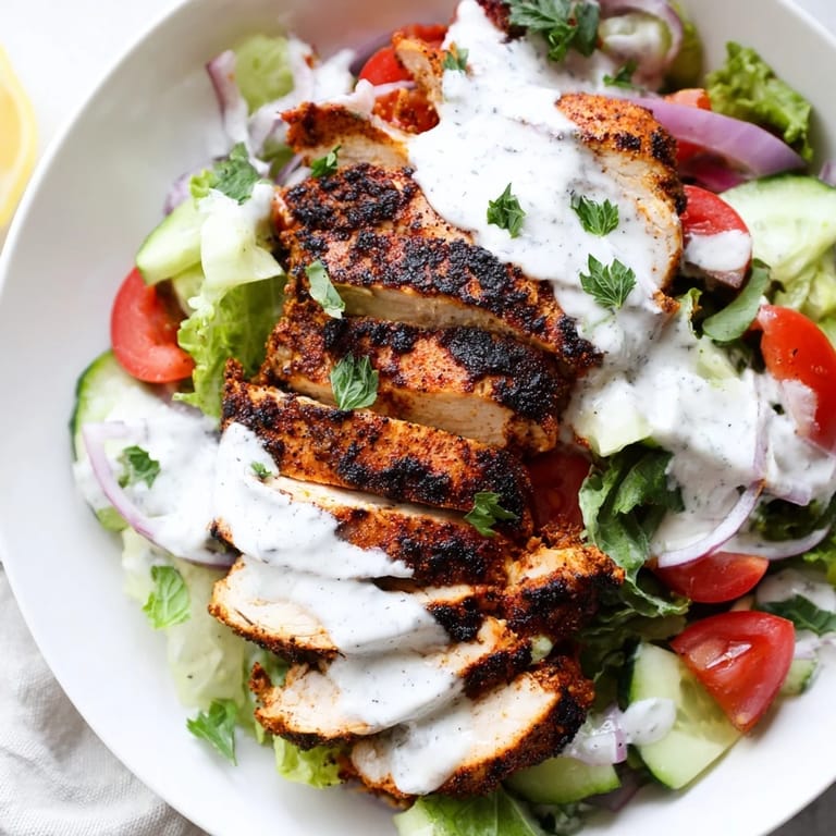 Healthy Chicken Shawarma Salad featuring tender grilled chicken thighs and vibrant mixed greens on a white plate.
