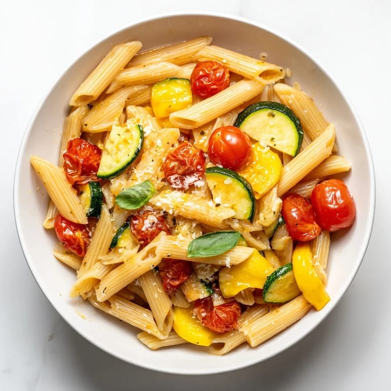 A serving of Garden Veggie Pasta garnished with fresh basil and lemon zest, alongside a glass of crisp white wine.