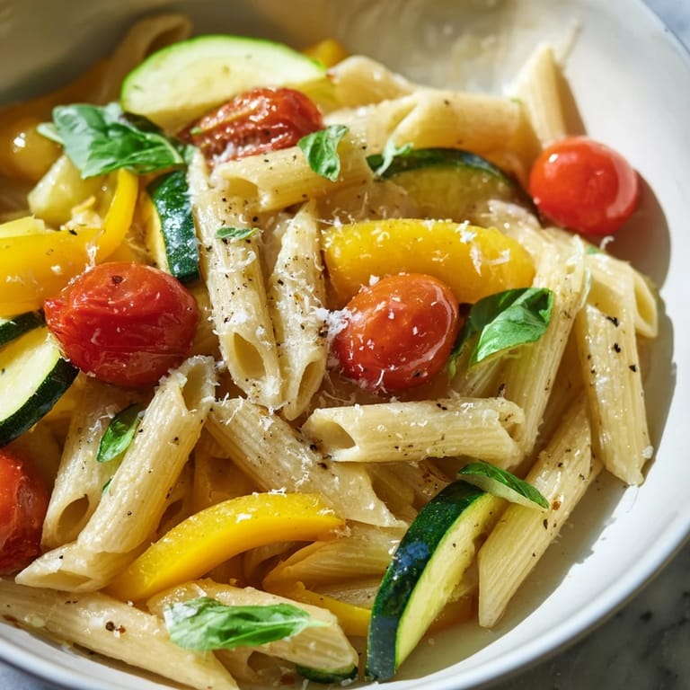 Colorful Garden Veggie Pasta in a skillet, featuring sautéed summer vegetables, al dente penne, and a light olive oil sauce.
