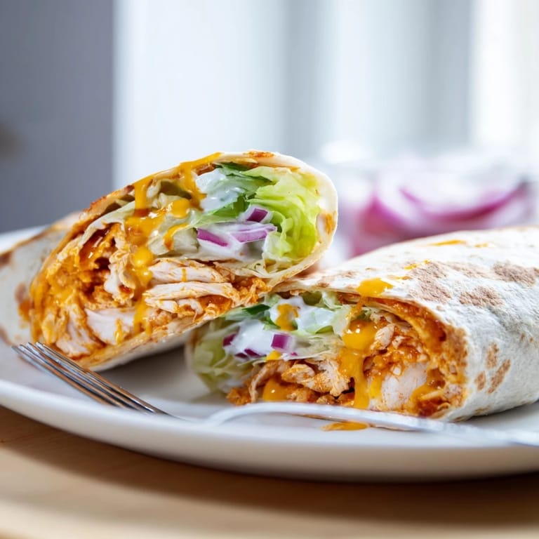 Plated Buffalo Ranch Chicken Wrap halves served with celery sticks and a side of ranch dressing, highlighting the classic buffalo wing flavors and creamy finish.