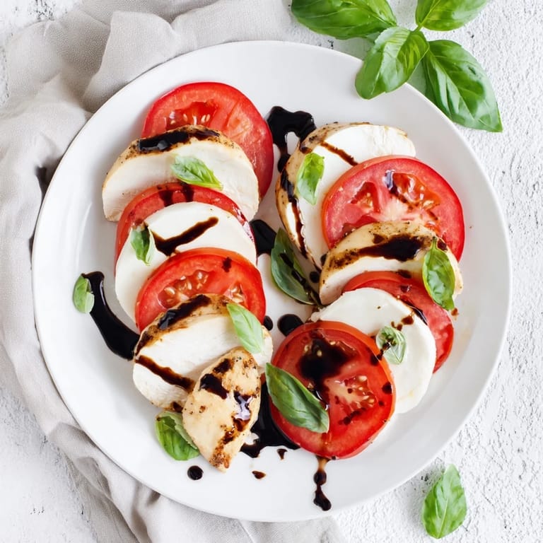A close-up of juicy Caprese Chicken Skillet with bubbling cheese, vibrant tomatoes, and a rich glaze.