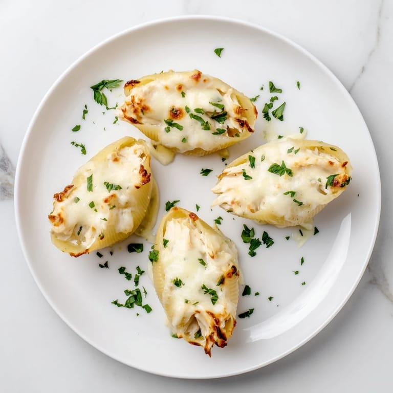 Plump pasta shells stuffed with creamy chicken Alfredo filling on a white plate.