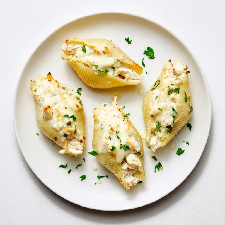 Chicken Alfredo Stuffed Shells served hot with a fresh green salad on the side.