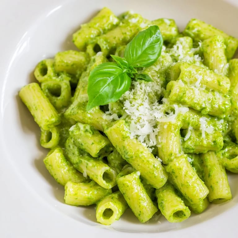 A vibrant green bowl of Creamy Avocado Pesto Mac tossed with short pasta, garnished with cracked black pepper.