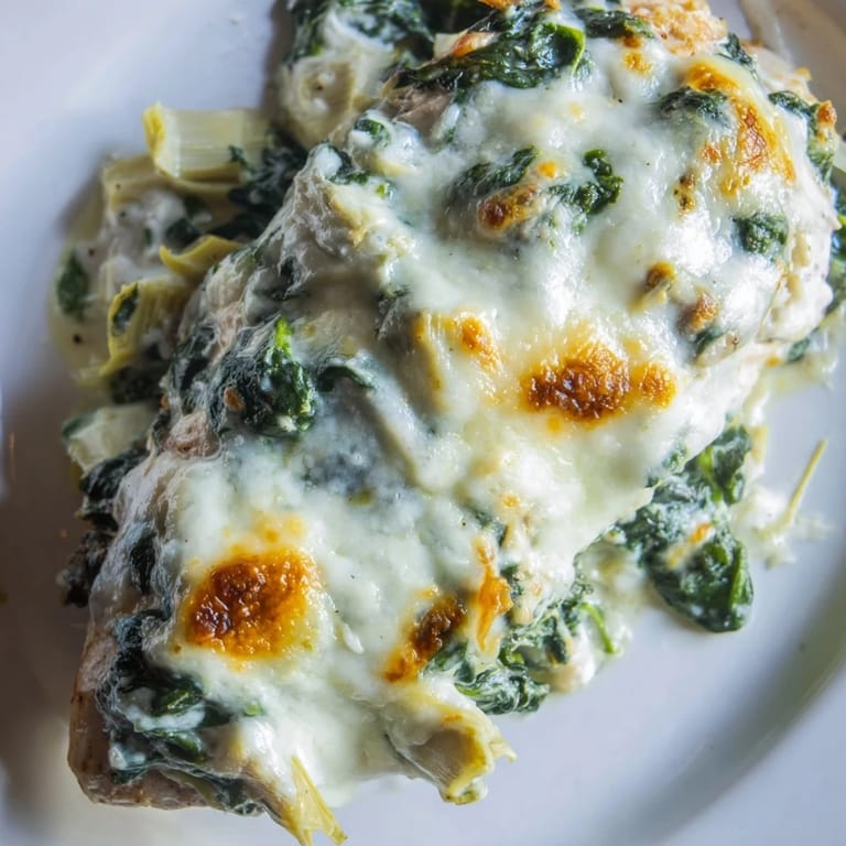 Slice into tender Spinach & Artichoke Chicken Bake revealing juicy chicken layered with creamy, tangy spinach and artichoke topping.