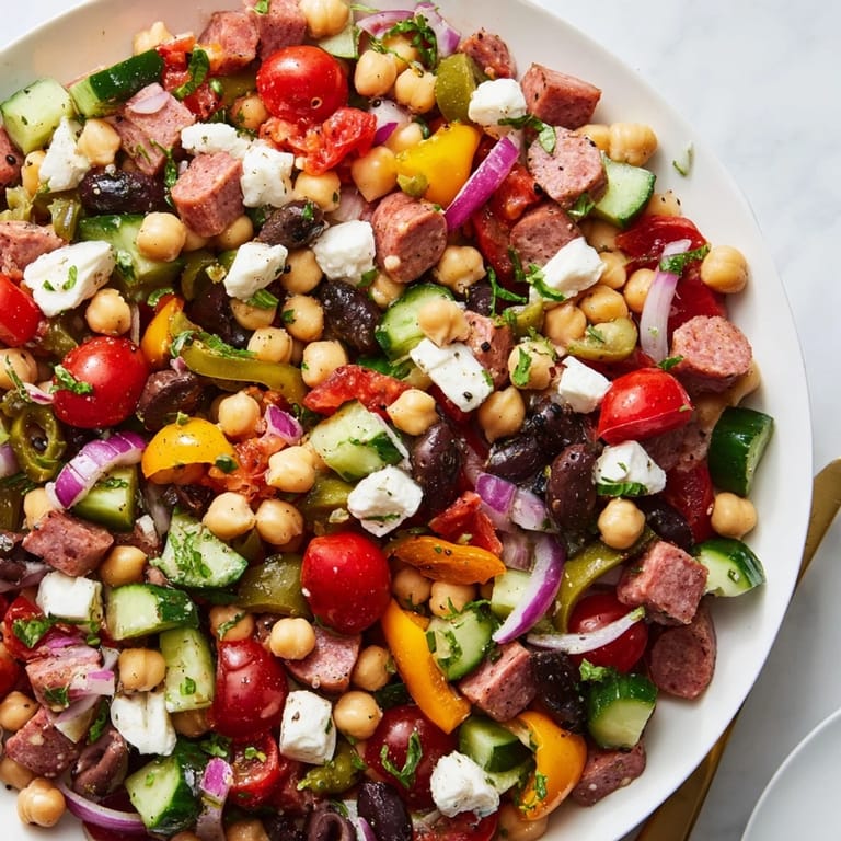 Serving the Crunchy Antipasto Chopped Salad in a white bowl, garnished with parsley, ready for a light and satisfying lunch.