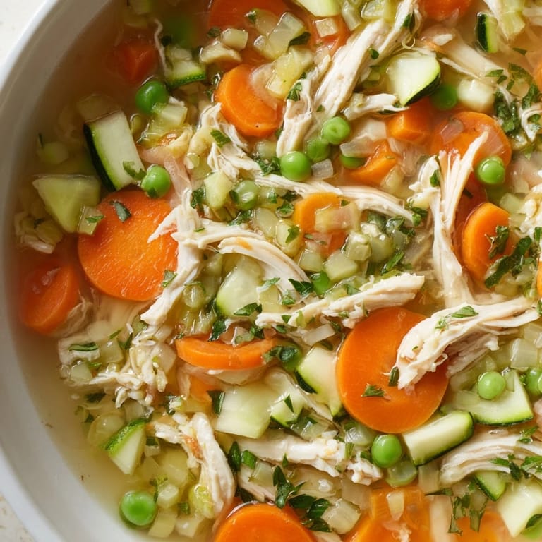 Steaming bowl of Spring Garden Chicken Soup with vibrant zucchini, celery, and carrots, perfect for a light lunch.