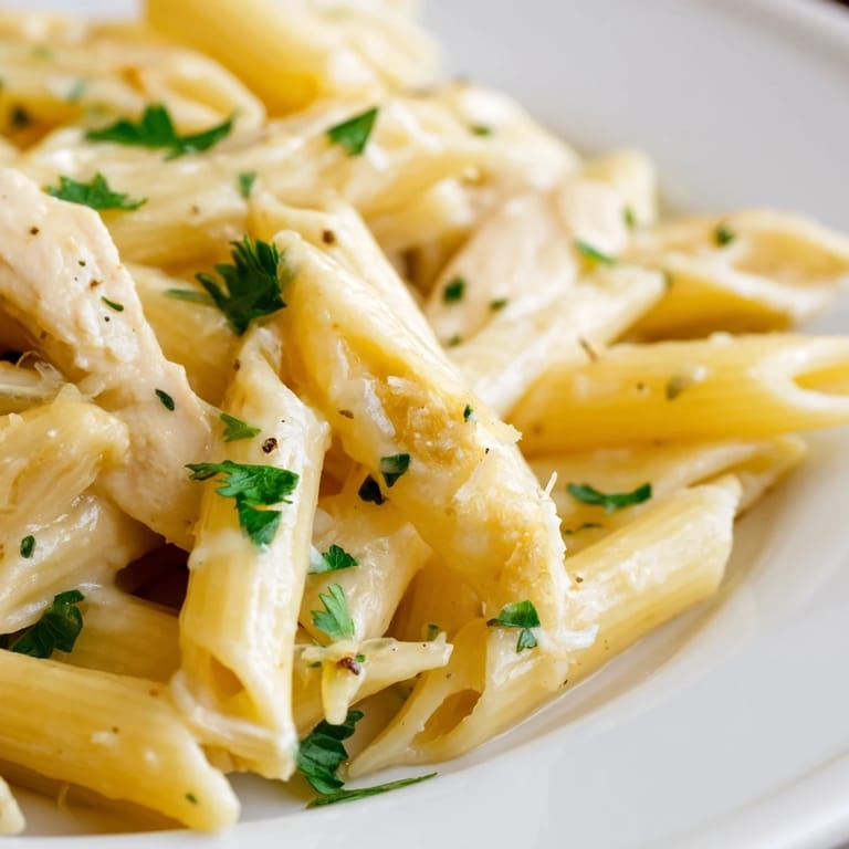 A close-up of Roasted Garlic Chicken Penne, showcasing tender chicken pieces and pasta coated in a velvety, aromatic garlic cream sauce.